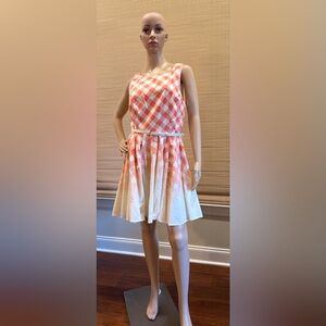 LC Lauren Conrad Orange and Cream Sleeveless Belted Pleated Sundress